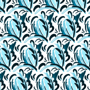 Rythme Sauvage linen by Claire de Quénetain in blue, flat sample of a hand-painted floral design