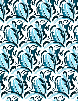 Rythme Sauvage linen by Claire de Quénetain in blue, flat sample of a hand-painted floral design