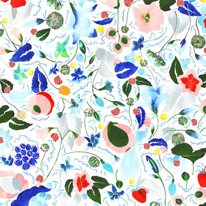 Sabine linen by Claire de Quénetain in pink and green, full repeat of a hand-painted floral design