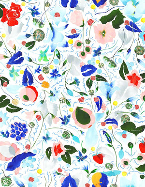Sabine linen by Claire de Quénetain in pink and green, full repeat of a hand-painted floral design