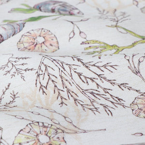 Coastal Cove fabric by Seed Home Designs in beige, full repeat of line-drawn shells and seaweed (alternate view)