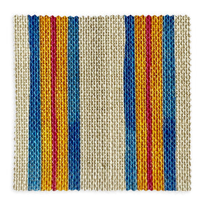 Sandy Stripes linen by Bethie Tricks in blue and orange, full repeat of woven-look stripes