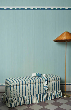 Scroll Stripe linen by Parker and Jules in yellow, wavy scroll stripes in a living room