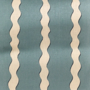 Double Scroll Stripe linen by Parker and Jules in blue, flat sample of wavy scroll stripes