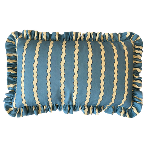 Double Scroll Stripe linen by Parker and Jules in blue, wavy scroll stripes made into a cushion