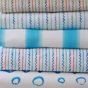 Sail Ahoy fabric by Seed Home Designs in blue, flat sample of fine nautical stripes