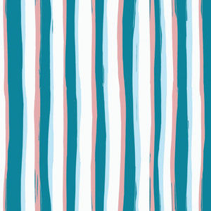 Beside the Seaside linen by Annika Reed in teal, full repeat of seaside stripes