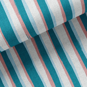 Beside the Seaside linen by Annika Reed in teal and red, in soft folds showing seaside stripes