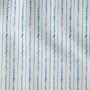 Sea Lines linen by Seed Home Designs in blue and white, full repeat of fine watercolour stripes