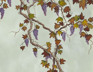 Seasons of the Vine wallpaper by Dami and Em Design in green, pattern sample of grape vines (alternate view)