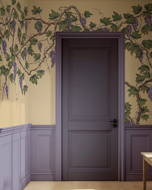 Seasons of the Vine wallpaper by Dami and Em Design in beige, grape vines in an entryway