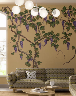 Seasons of the Vine wallpaper by Dami and Em Design in beige, grape vines in a living room