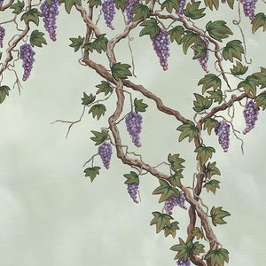 Seasons of the Vine wallpaper by Dami and Em Design in green, full repeat of grape vines
