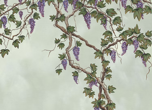Seasons of the Vine wallpaper by Dami and Em Design in green, full repeat of grape vines