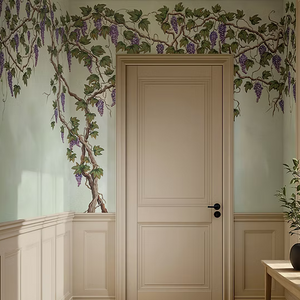Seasons of the Vine wallpaper by Dami and Em Design in green, grape vines in a hallway