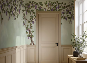 Seasons of the Vine wallpaper by Dami and Em Design in green, grape vines in a hallway