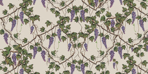 Seasons of the Vine Summer linen by Dami and Em Design in green and purple, full repeat of grape vines