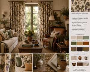Seasons of the Vine Summer linen by Dami and Em Design in green and purple, style sheet showing grape vines (alternate view)