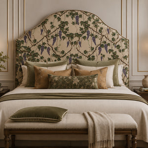 Seasons of the Vine Summer linen by Dami and Em Design in green and purple, grape vines in a bedroom