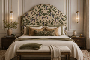 Seasons of the Vine Summer linen by Dami and Em Design in green and purple, grape vines in a bedroom