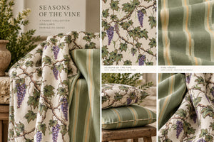 Seasons of the Vine Summer linen by Dami and Em Design in green and purple, look book page showing grape vines