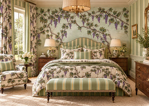 Seasons of the Vine Summer linen by Dami and Em Design in green and purple, grape vines behind a bed