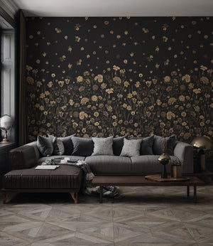 Seasons in Bloom wallpaper by Victoria Sanders in charcoal behind a sofa in a living room