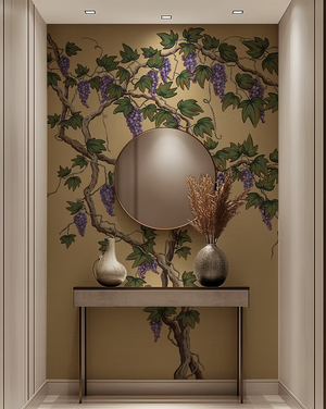 Seasons of the Vine wallpaper by Dami and Em Design in beige, grape vines above a sideboard