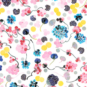 Seeds in the Air linen by Claire de Quénetain in pink and grey, full repeat of a hand-painted floral design