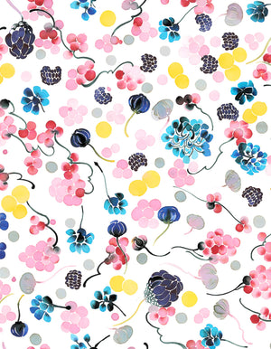 Seeds in the Air linen by Claire de Quénetain in pink and grey, full repeat of a hand-painted floral design