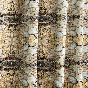 Shell velvet by Dami and Em Design in gold, shell motifs made into curtains