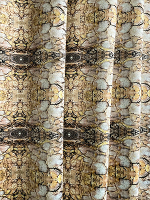 Shell velvet by Dami and Em Design in gold, shell motifs made into curtains