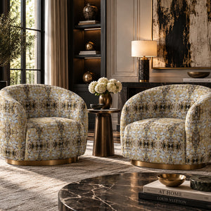 Shell velvet by Dami and Em Design in gold, shell motifs upholstered on an armchair