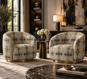 Shell velvet by Dami and Em Design in gold, shell motifs upholstered on an armchair