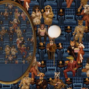 Showtime wallpaper by Brand McKenzie in navy, vintage theatre performers in an entryway