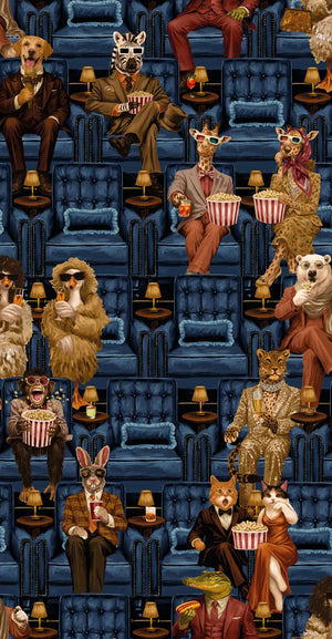 Showtime wallpaper by Brand McKenzie in navy, close-up of vintage theatre performers
