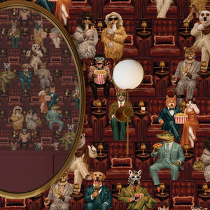 Showtime wallpaper by Brand McKenzie in red, vintage theatre performers in a hallway