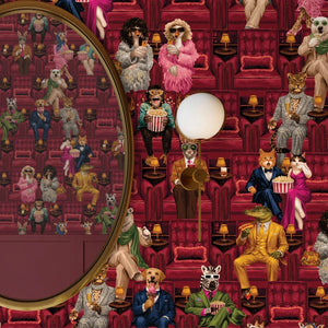 Showtime wallpaper by Brand McKenzie in red, vintage theatre performers on a hallway wall