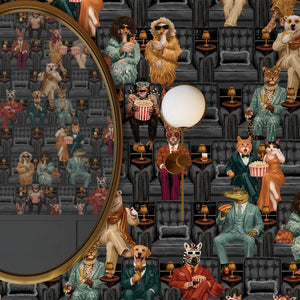 Showtime wallpaper by Brand McKenzie in navy, vintage theatre performers on a hallway wall