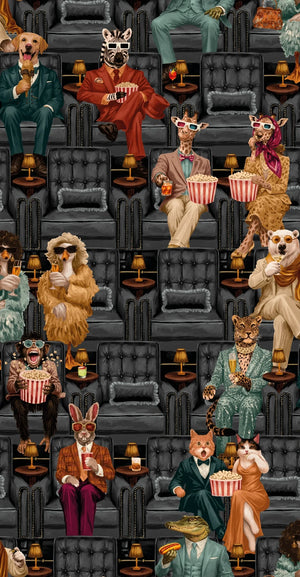 Showtime wallpaper by Brand McKenzie in navy, pattern detail of vintage theatre performers