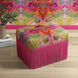 Siesta Key Eco velvet by Liberty James Studio in pink and green upholstered on a fringed footstool
