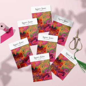 Siesta Key Eco velvet by Liberty James Studio in pink and green, sample swatch set showing a marbled mirrored design