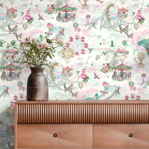 Sky Fair wallpaper by Brand McKenzie in white and pink, a pastel sky fair above a sideboard