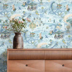 Sky Fair wallpaper by Brand McKenzie in pale blue, a pastel sky fair above a sideboard