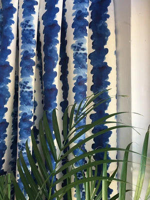 Small Waves Ink linen by Bethie Tricks in blue, inky wave stripes made into curtains