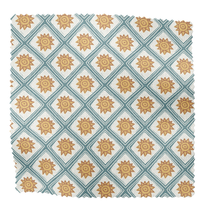 Solstice Sun linen by Annika Reed in blue and orange, flat sample of suns in a lattice
