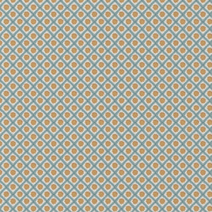 Solstice Sun linen by Annika Reed in blue and orange, full repeat of suns in a lattice
