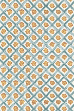 Solstice Sun linen by Annika Reed in blue and orange, full repeat of suns in a lattice (alternate view)