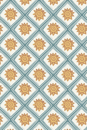 Solstice Sun linen by Annika Reed in blue and orange, flat sample of suns in a lattice (alternate view)