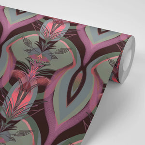 Soltar wallpaper by Tatie Lou in pink, partly unrolled roll showing a Deco arch pattern